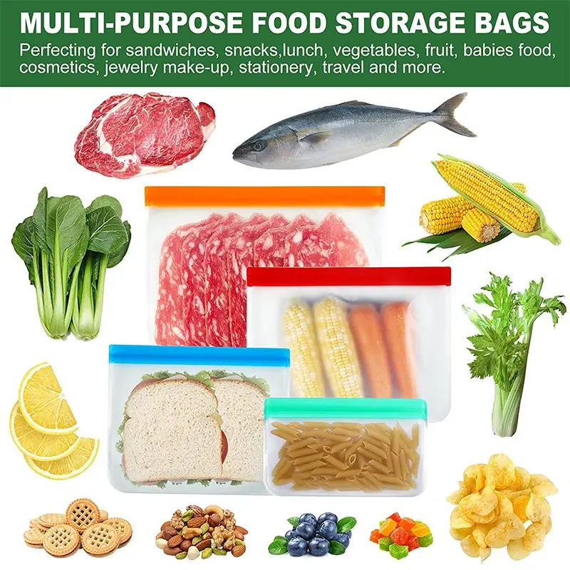 Reusable Silicone Ziplock Stand-Up Bags - Multi-Size Food Storage Bags for Freshness & Organisation