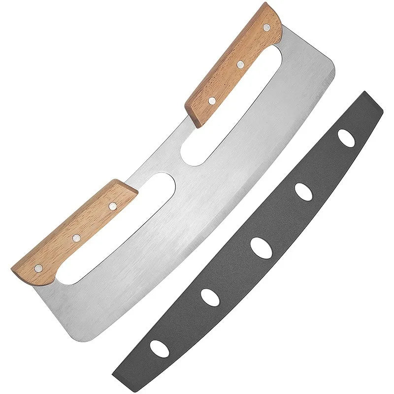 Rustic Oak Handle Half-Moon Pizza Cutter - Durable 420 Steel Blade for Effortless Slicing