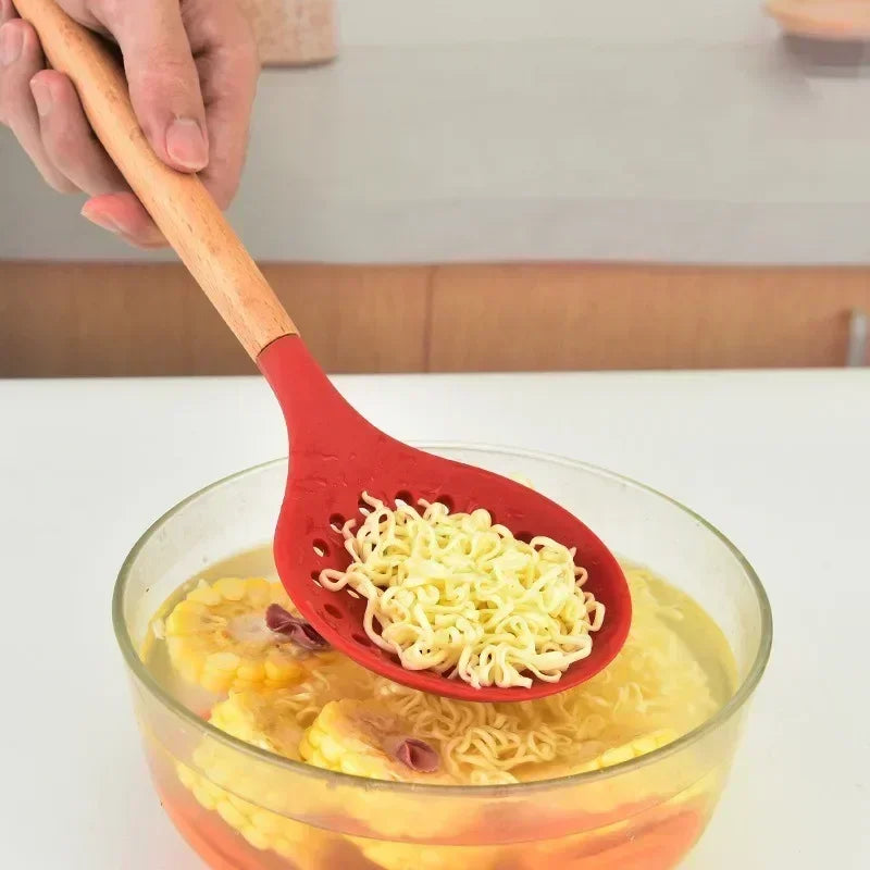 Silicone Strainer Spoon - Heat-Resistant with Wooden Handle for Non-Stick Cooking