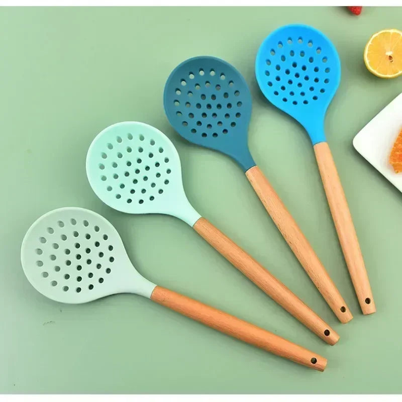 Silicone Strainer Spoon - Heat-Resistant with Wooden Handle for Non-Stick Cooking