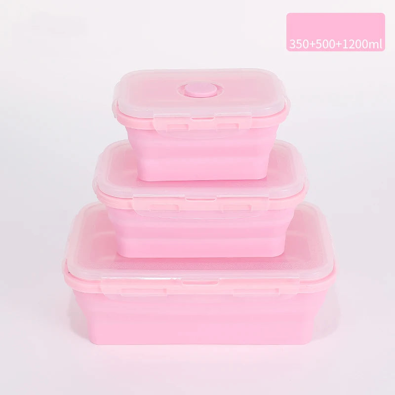 Set of colourful collapsible silicone food storage containers in  pink, ideal for saving space and keeping food fresh. 350ml + 500ml + 1200ml