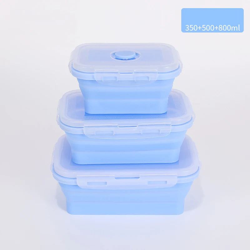Set of colourful collapsible silicone food storage containers in  blue, ideal for saving space and keeping food fresh. 350ml + 500ml + 800ml