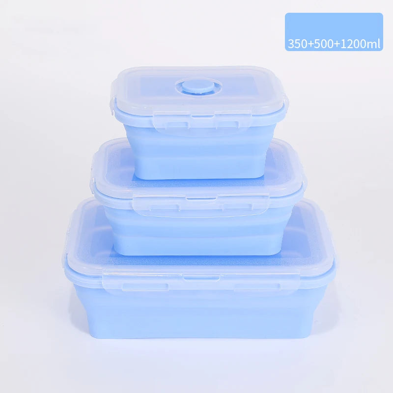 Set of colourful collapsible silicone food storage containers in  blue, ideal for saving space and keeping food fresh. 350ml + 500ml + 1200ml