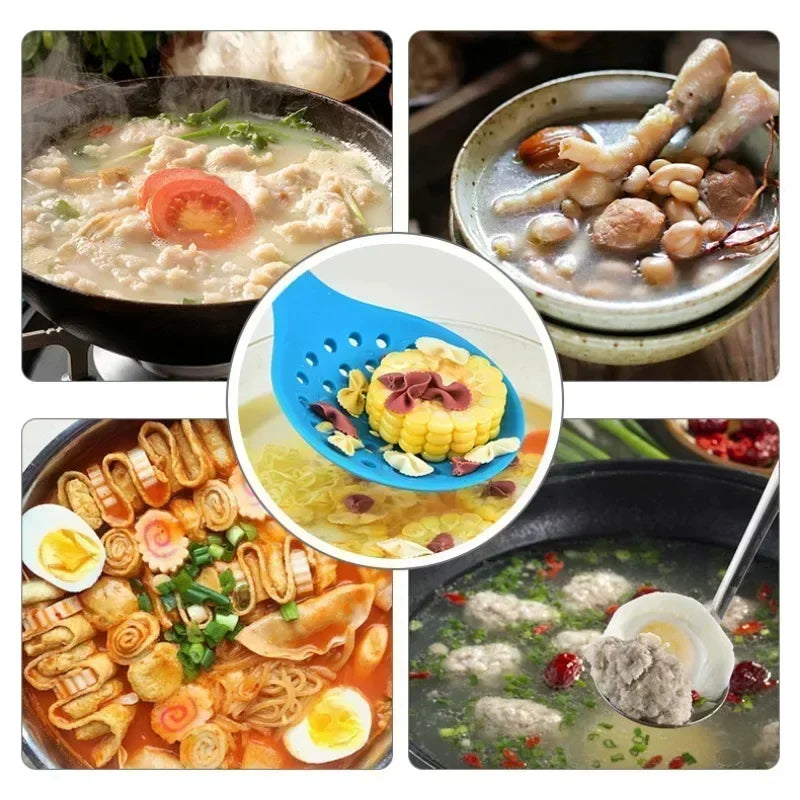 Silicone Strainer Spoon - Heat-Resistant with Wooden Handle for Non-Stick Cooking