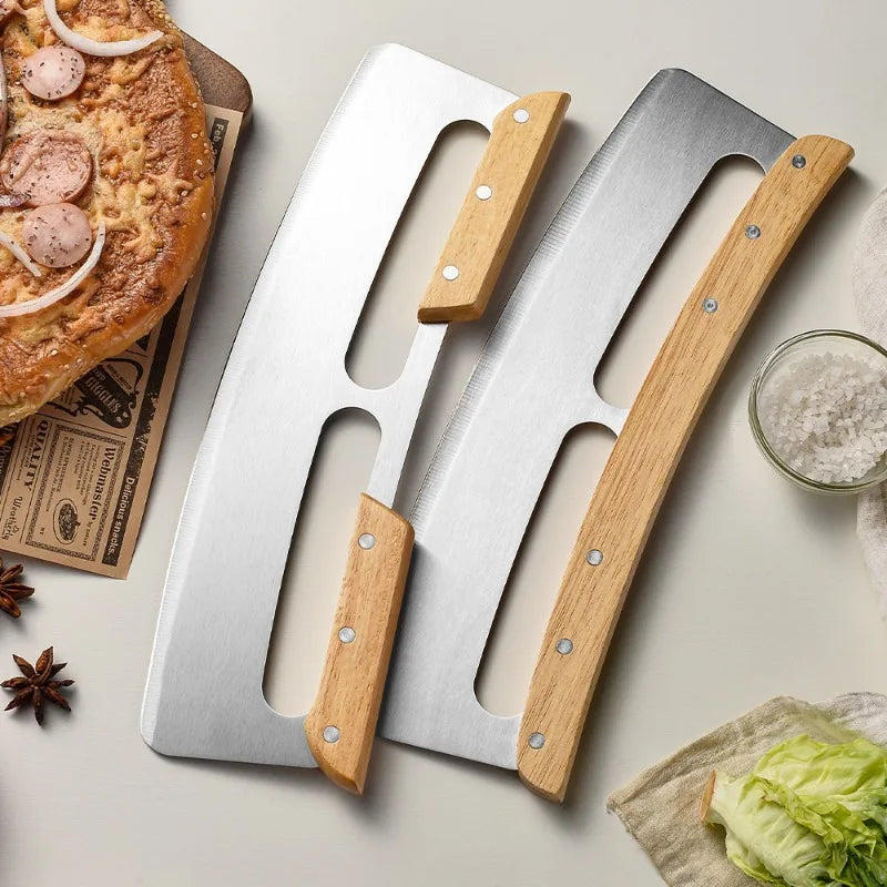 Rustic Oak Handle Half-Moon Pizza Cutter - Durable 420 Steel Blade for Effortless Slicing