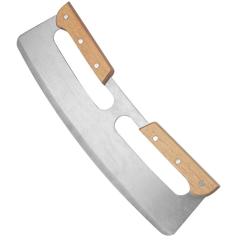 Rustic Oak Handle Half-Moon Pizza Cutter - Durable 420 Steel Blade for Effortless Slicing