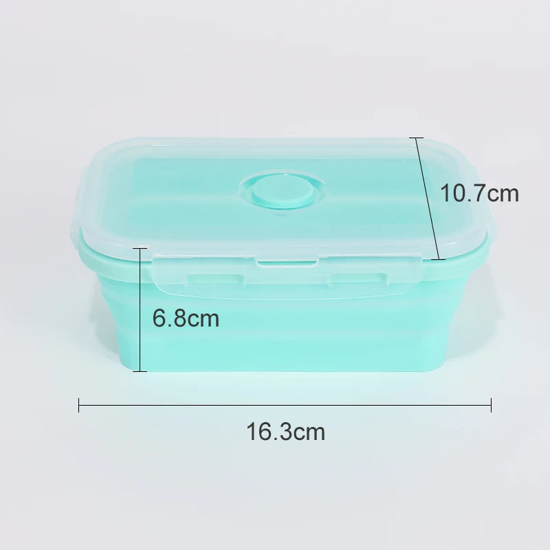 colourful collapsible silicone food storage container in  green, ideal for saving space and keeping food fresh. Showing overall dimensions