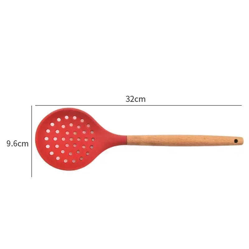 Silicone Strainer Spoon - Heat-Resistant with Wooden Handle for Non-Stick Cooking