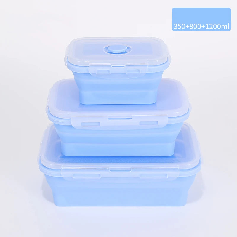 Set of colourful collapsible silicone food storage containers in  blue, ideal for saving space and keeping food fresh. 350ml + 800ml + 800ml