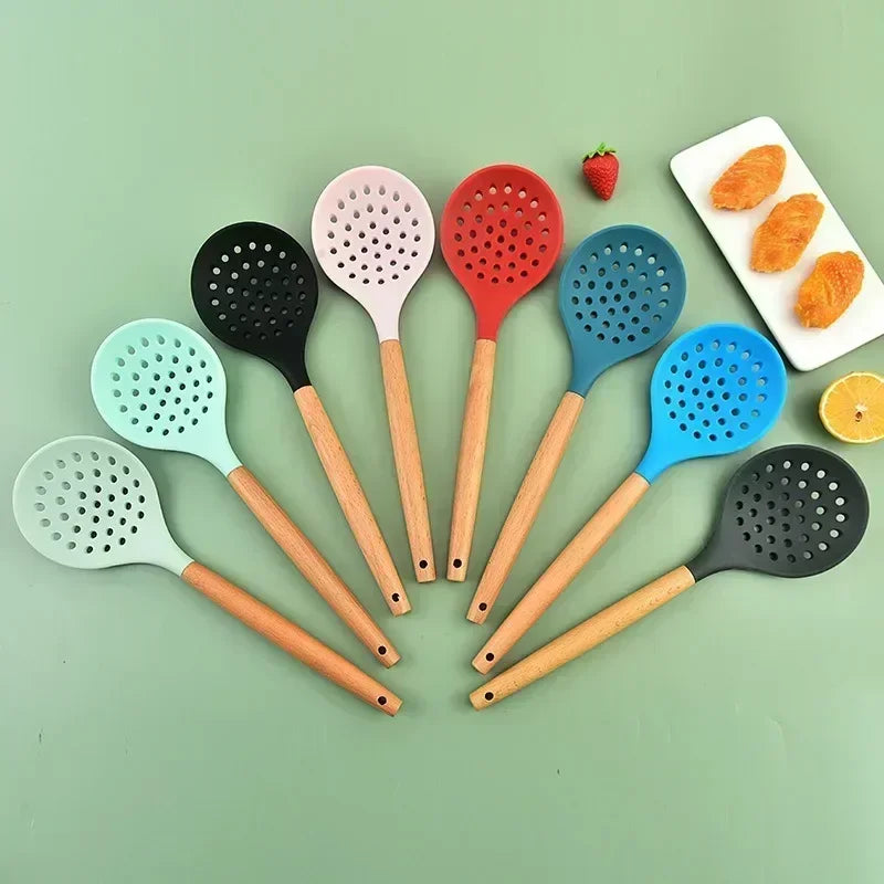 Silicone Strainer Spoon - Heat-Resistant with Wooden Handle for Non-Stick Cooking